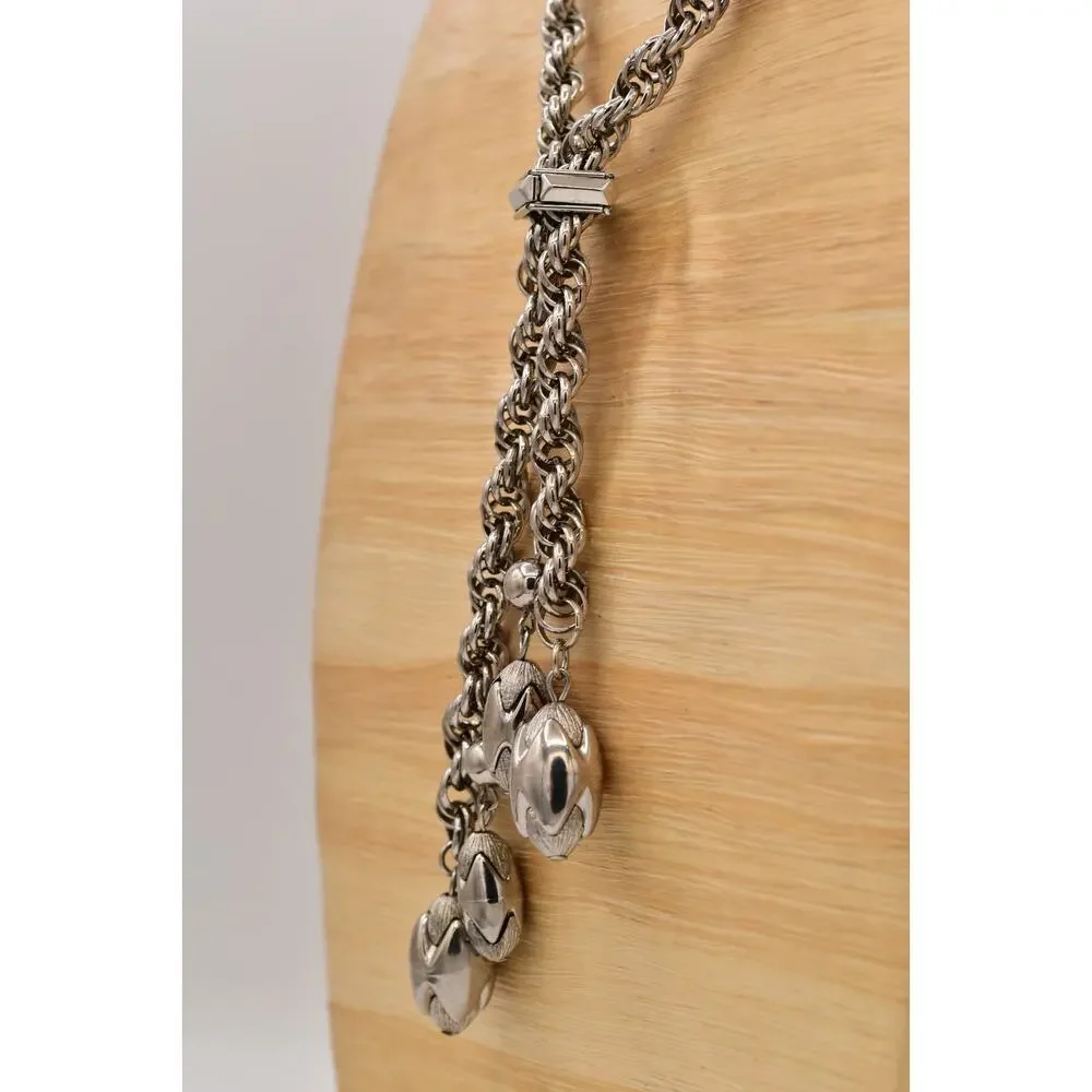 Vintage Chunky Statement Lariat Necklace Collar Charm Dangle Silver 1960s BinBE